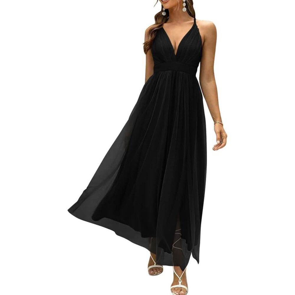 Brand New Xxtaxn Black Mesh V-Neck Formal Maxi Dress